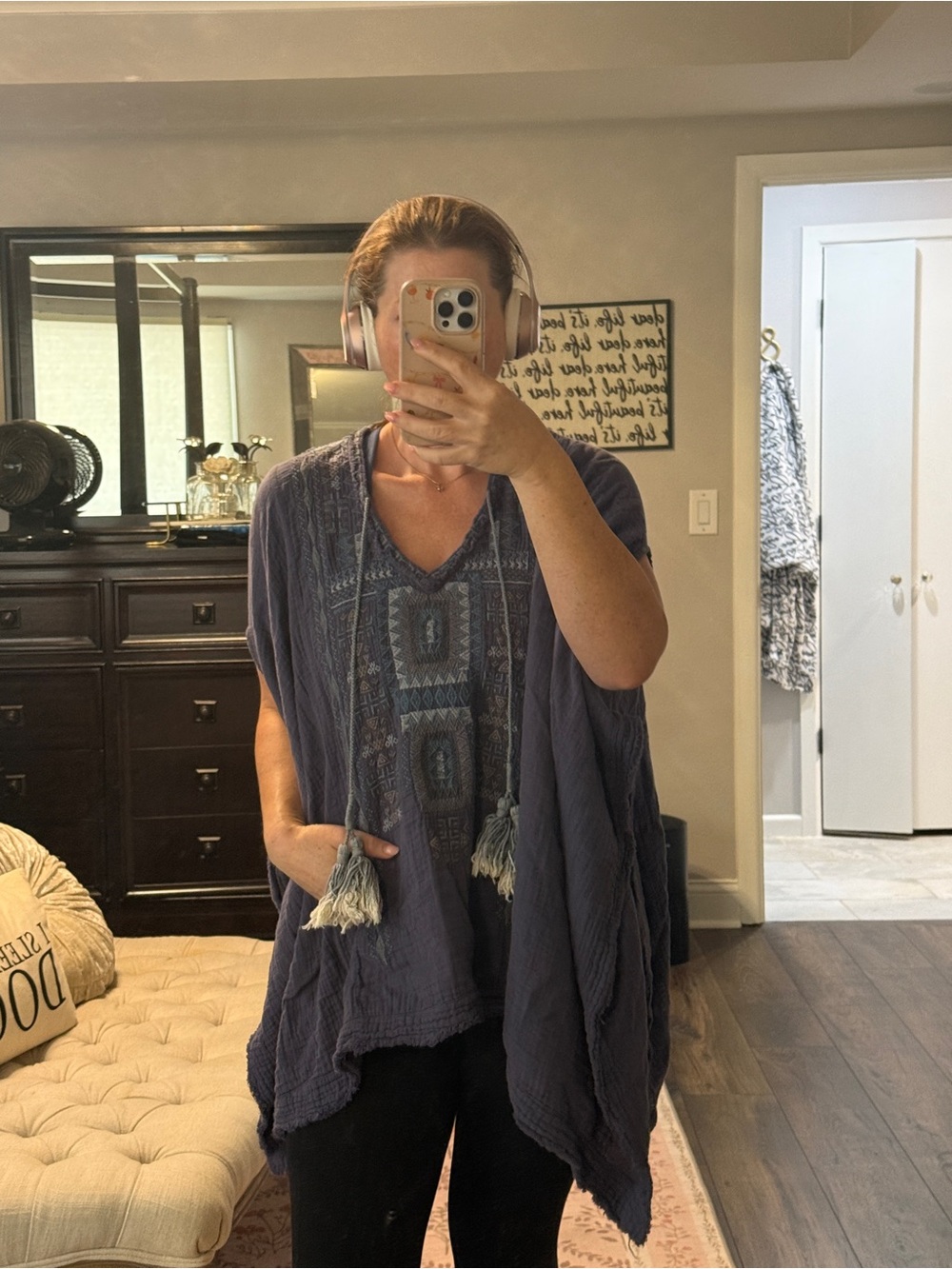 Johnny Was Boho V-Neck Tassel Tunic Top in Deep Blue